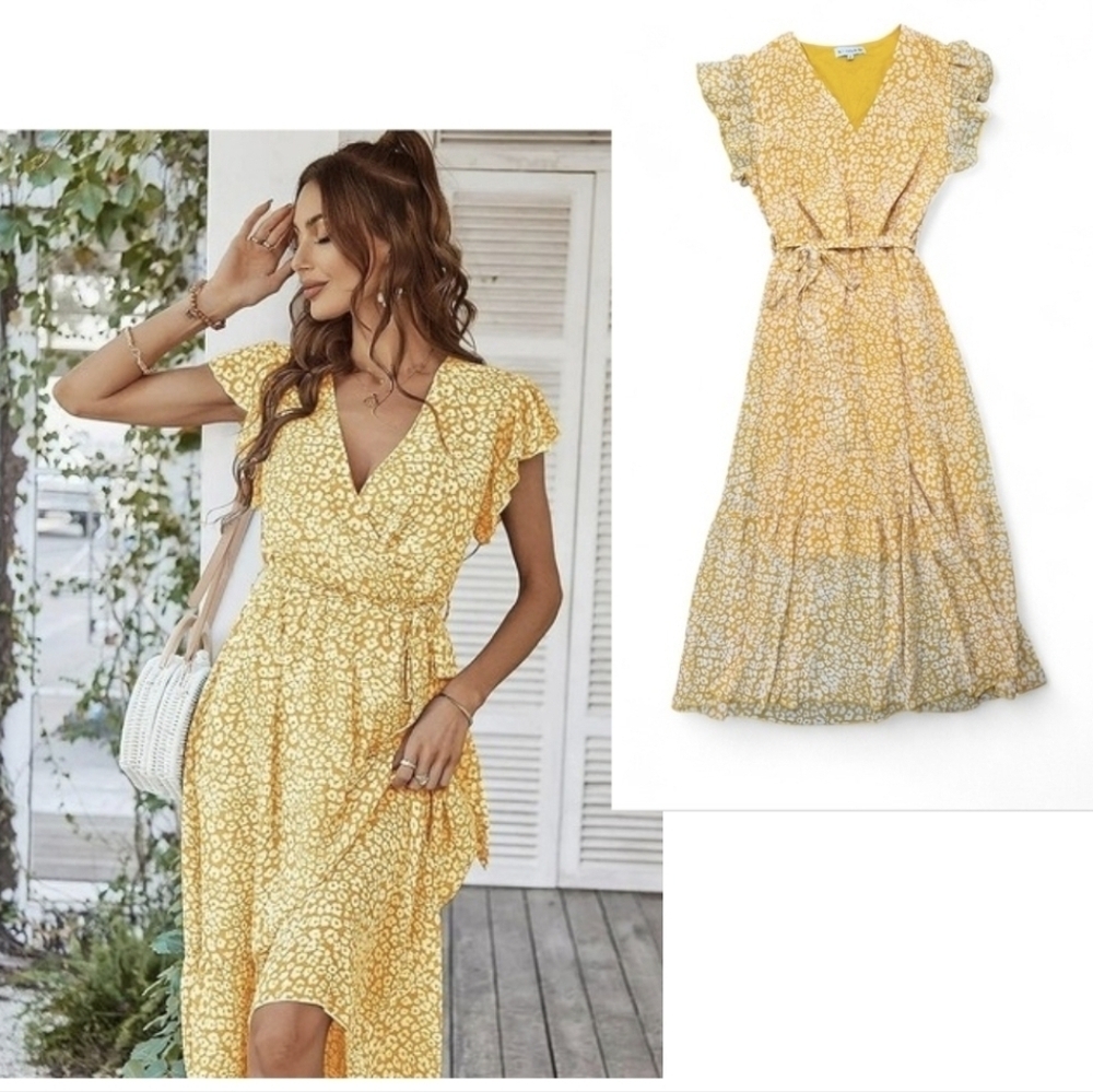 Elings Tie Waist Semi Sheer Tiered Maxi/Long Midi Dress Size Medium